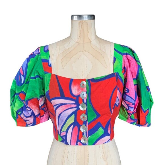 FARM Rio Tropical Bunch Crop Top Multicolored Puff Sleeves Womens Size Small - Picture 2 of 10